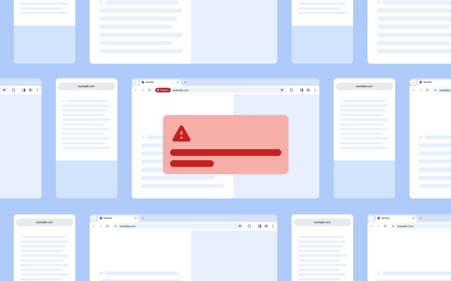 Типовые веб-страницы на светло-синем фоне. На переднем плане расположено красное всплывающее окно со значком важного оповещения.